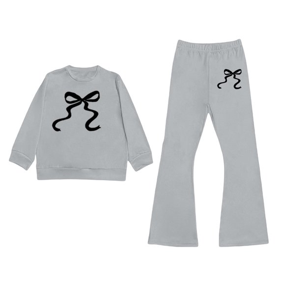 Girls Long Sleeve Crewneck Tops With Bow Print Flare Leg Pants Sets Outfit Casual Daily Wear Clothes