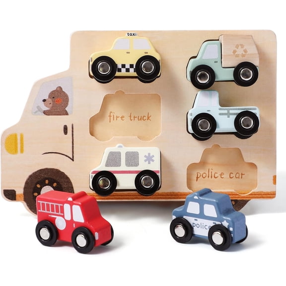 Youuys 6-Piece Wooden Pull-Back Vehicle Set for Toddlers Ages 1-3, Toy Cars and Trucks