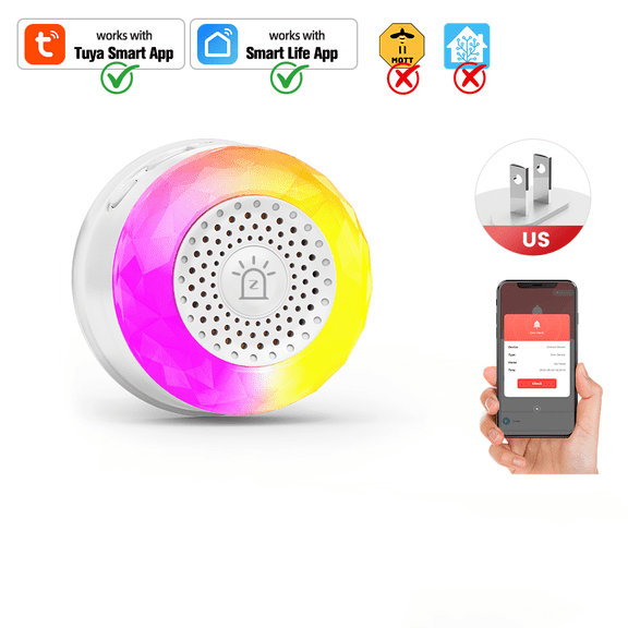 Smart Sound Light Siren Alarm with Custom Voice Alerts, 32 Alarm Scenarios, 3 Lighting Modes,105dB Diamond Cut Plug-in Home Security Alert, Compatible with Tuya Smart Sensors (Gateway Not Included)