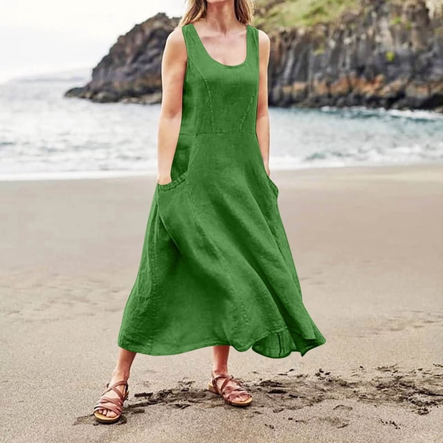 Liquidation d'Été 2025! Robe Grande Taille pour Femmes, Liquidation d'Été pour Femmes, Mode d'Été Décontractée pour Femmes Robe Sans Manches à Col Rond avec Poches