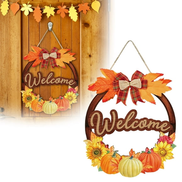 Fall Welcome Sign for Front Door with Pumpkin and Maple Leaf Design - Wooden Autumn Door Hanger for Thanksgiving Decor, Farmhouse Fall Decorations for Porch Wall Indoor Outdoor Harvest Home Decor