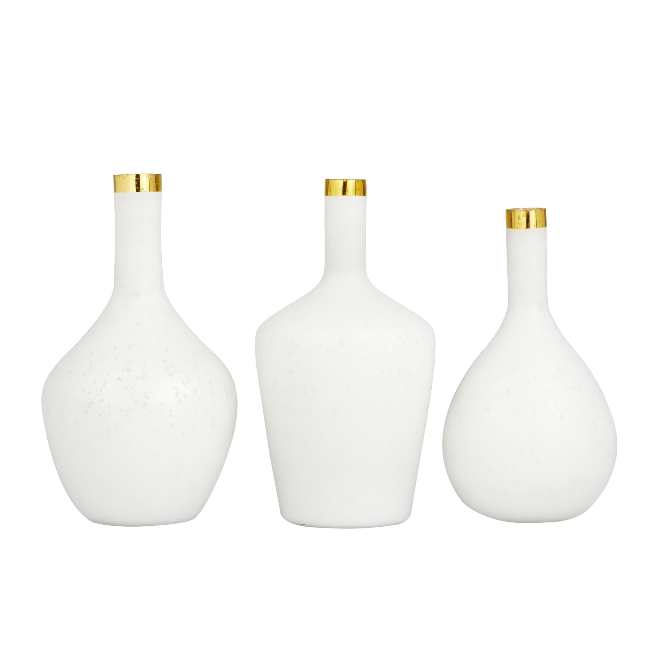 DecMode 13", 14", 13"H White Glass Vase with Gold Rim, Set of 3