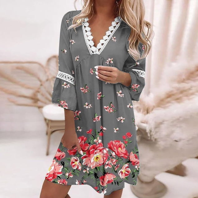 SMihono Robe d'Été pour Femmes Grande Taille Mode d'Été pour Femmes Manches Mi-Longues Imprimée Camisole à Col en V Bretelles Robe Chandail