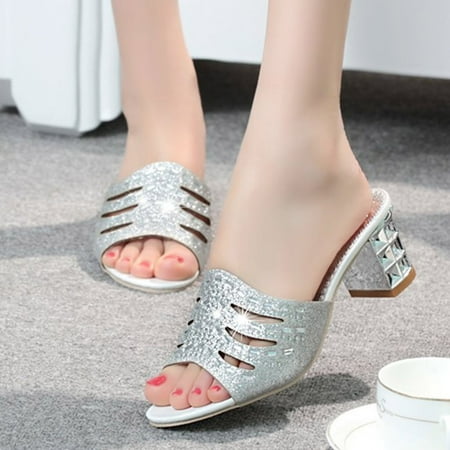

Aayomet Summer Sandals Fashion Summer Women Sandals Fish Mouth Solid Color Hollow Sequins Mid Heel Sexy Style Silver 8.5