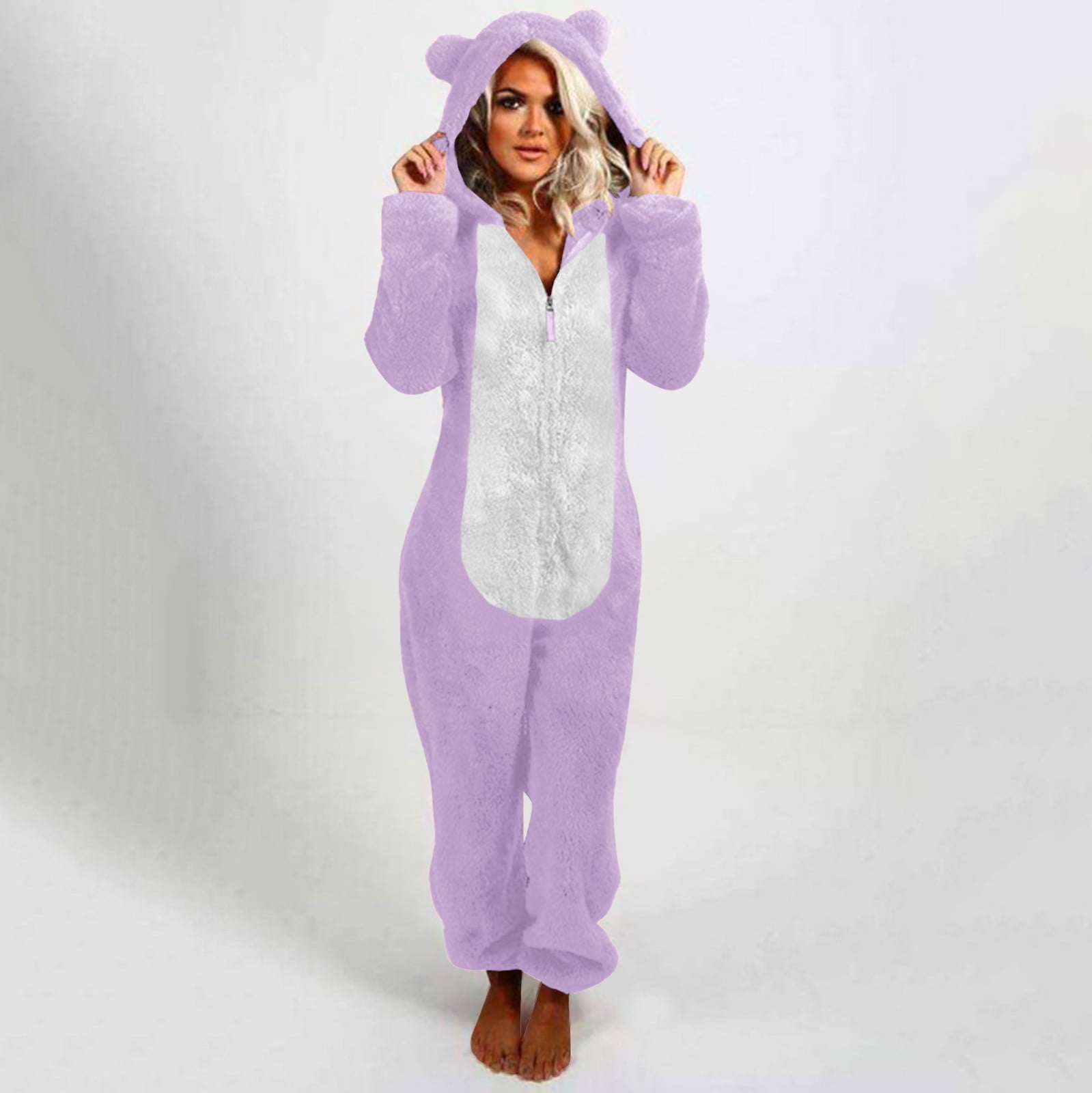 Lovskoo Womens Fluffy Hooded Jumpsuit Fuzzy Pajamas Long Sleeve Cute Ear One Piece Onesie Winter Warm Rompers Sleepwear Purple