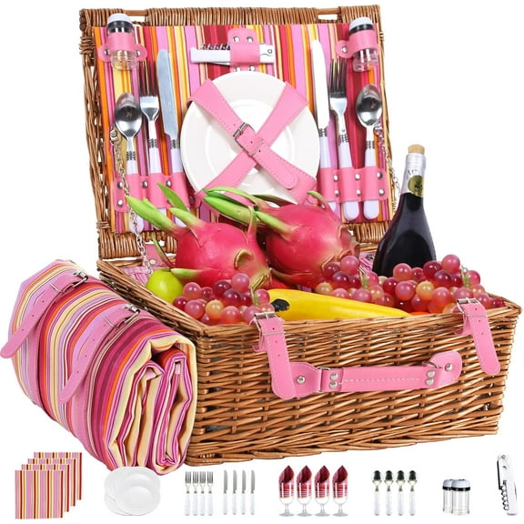 YANGLI Wicker Picnic Basket for 4, Large Willow Hamper with Insulated Cooler & Waterproof Blanket for Outdoor, Camping, Beach, Valentine‘s Day