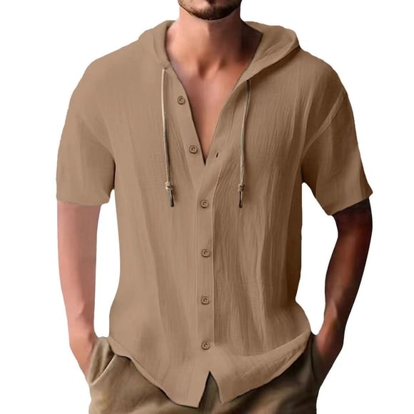 Chemise à Manches Courtes Décontractée d'Été pour Hommes à Capuche Boutonnée Hawaii - Polyester Durable, Design Rétention de Chaleur, Polyvalent pour Toutes les Saisons