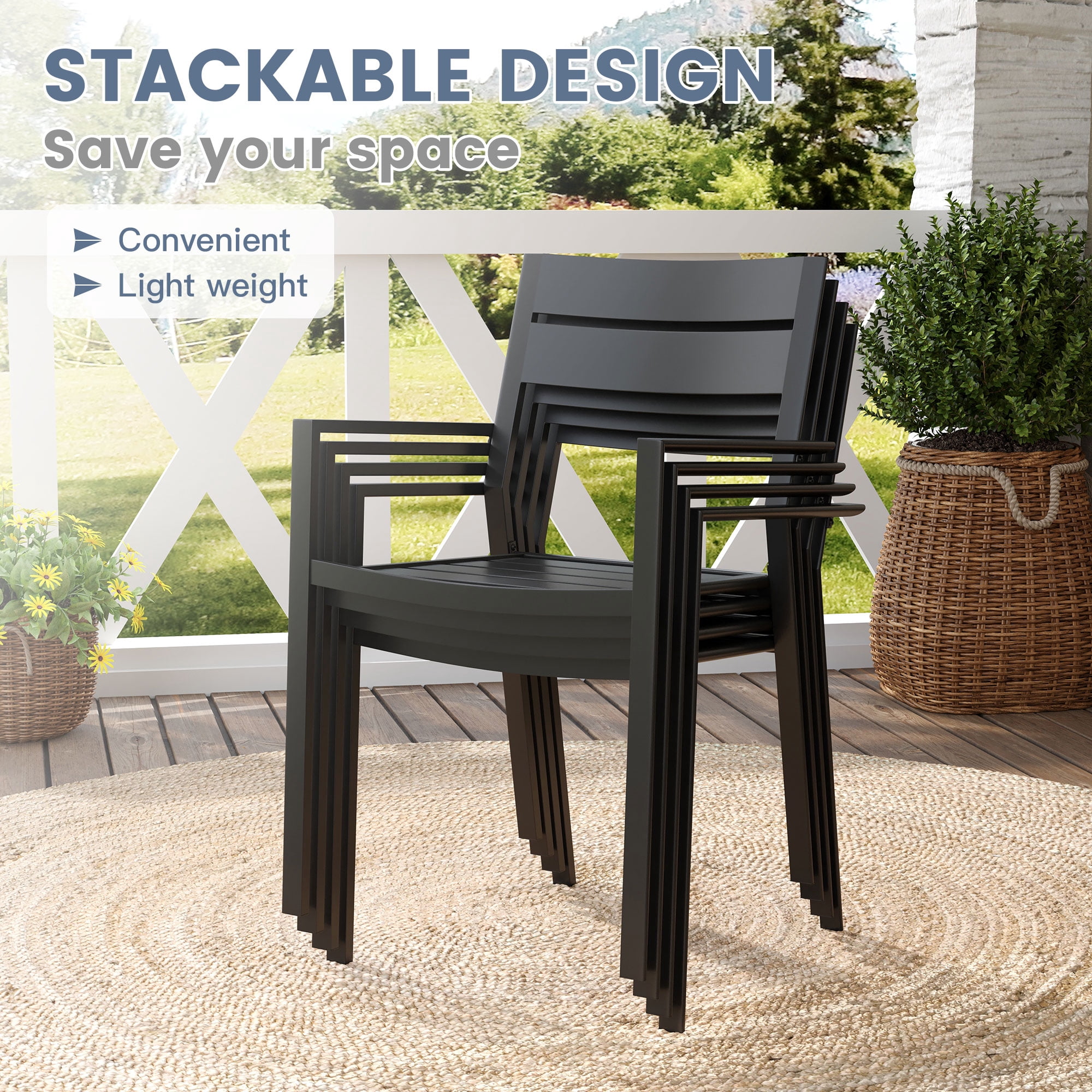 Vicllax Outdoor Patio Dining Chairs Set of 6, Stackable metal chairs with All-Weather Steel Metal Frame for Yard Deck Poolside Porch, Black