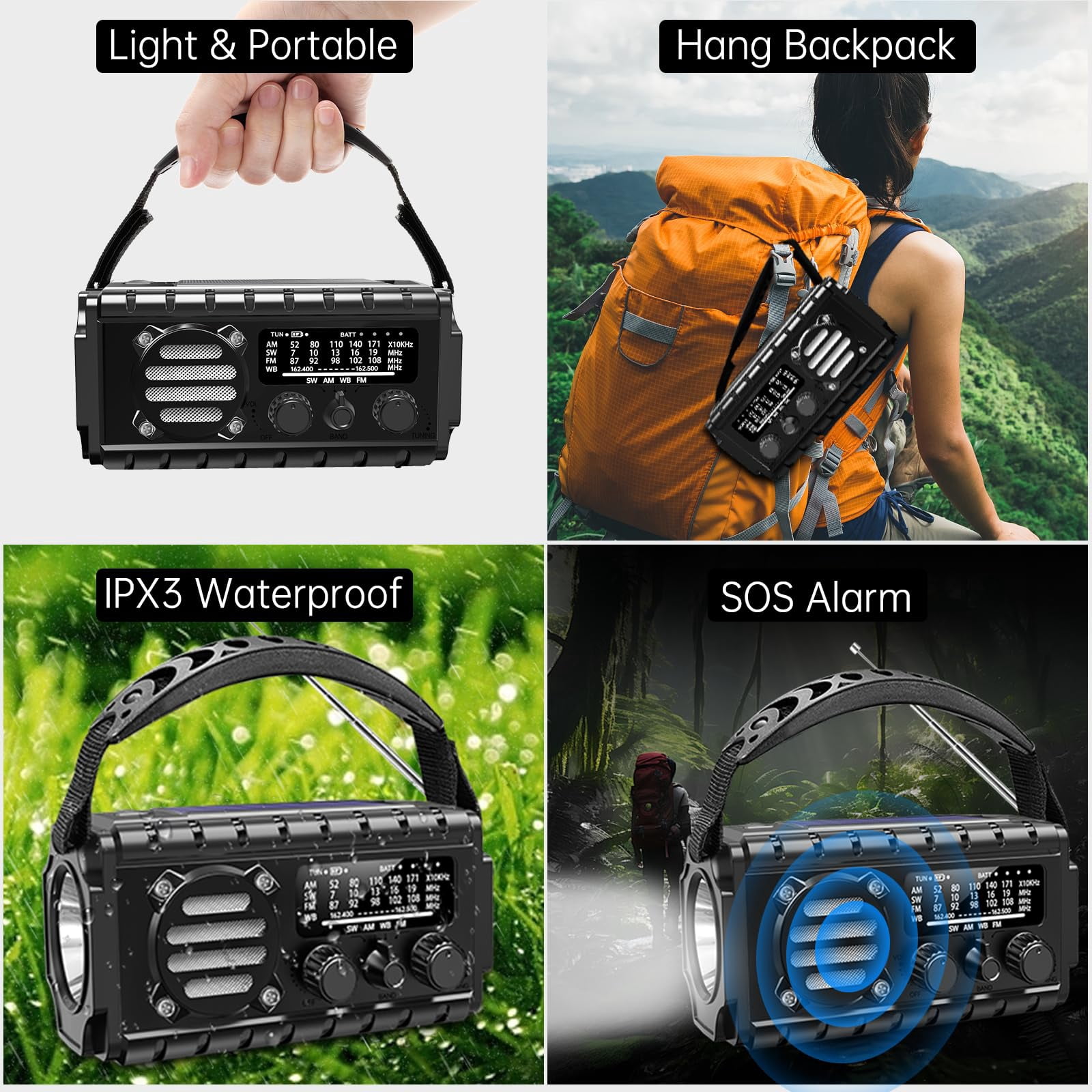 Emergency Radio Hand Crank Solar  Am/fm/sw Noaa Weather Built-in 20000mah Large Type-c Flashlight Reading Light Sos Compact & Portable For Camping/emergencies