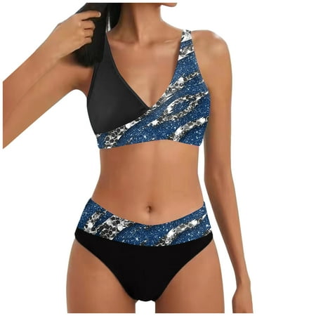 QYZEU Swimsuit for Women 2024 Tankini Bathing Suit Top Women s Two Piece Bikini Split Print Hot Push Up Bikini Swimsuit V Neck Lightweight Swimsuit Underwire Bra Dark Blue XL