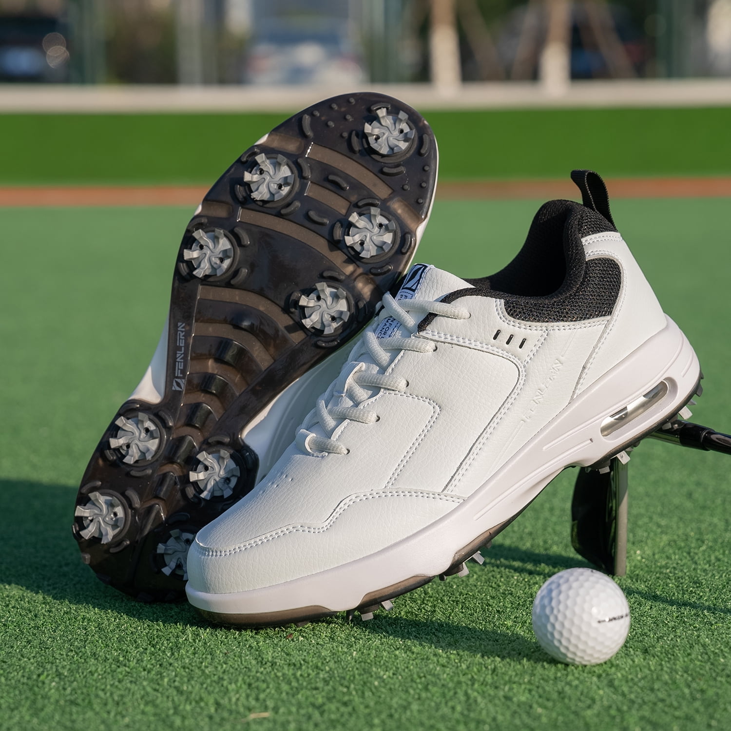 FENLERN Men's Golf Shoes with Spiked Waterproof Leather Upper Air cushion shock-absorbing sports sneakers Shoe