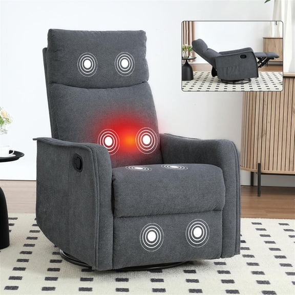 Spaco Silver Grey Fabric Manual Recliner - Rocker & Swivel Heat Massage, Great for Living Room