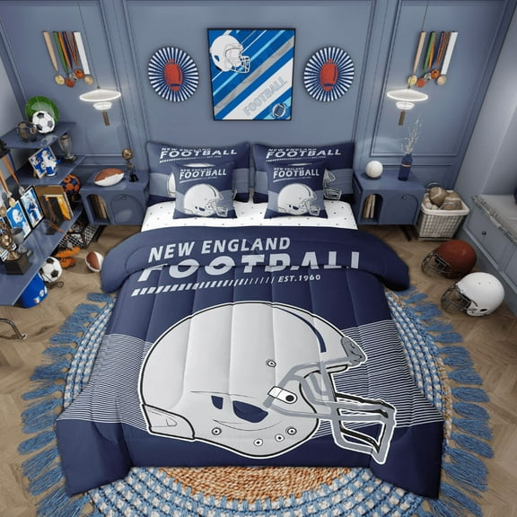 Erosebridal 7-Piece American Football Comforter Set with Sheets Sports Game Comforter Set Bed-in-a-Bag Twin,New England(1 Comforter, 1 Flat Sheet 1 Fitted Sheet 2 Pillowcases 2 Throw Pillow Covers)