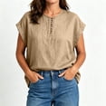 thumbnail image 4 of Lopecy-Sta Women’s Top Round Neck Partial Placket Linen Blend Cap Sleeve Loose Oversized Blouse Lightweight Breathable Crinkle Fabric Casual Shirt, 4 of 6