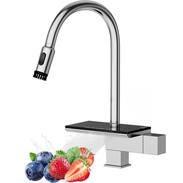 Robinet de Cuisine Robinet d'Évier de Cuisine avec Pulvérisateur Rétractable Robinet de Cuisine en Acier Inoxydable Nickel Brossé Cascade avec Poignée Unique