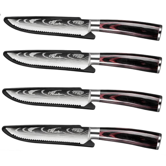 MYVIT 4 Count Steak Knife Set with Sheath and Wooden Handle,4.6" Sharp Stainless Steel Serrated Kitchen Knife for Meat Cutting,Dishwasher Safe