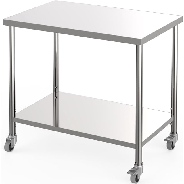 Table de Préparation Commerciale en Acier Inoxydable à 2 Niveaux, 36 Po x24 Po, avec Tablette Inférieure Réglable et Roulettes Verrouillables - Table Robuste pour Cuisine, Restaurant, Garage