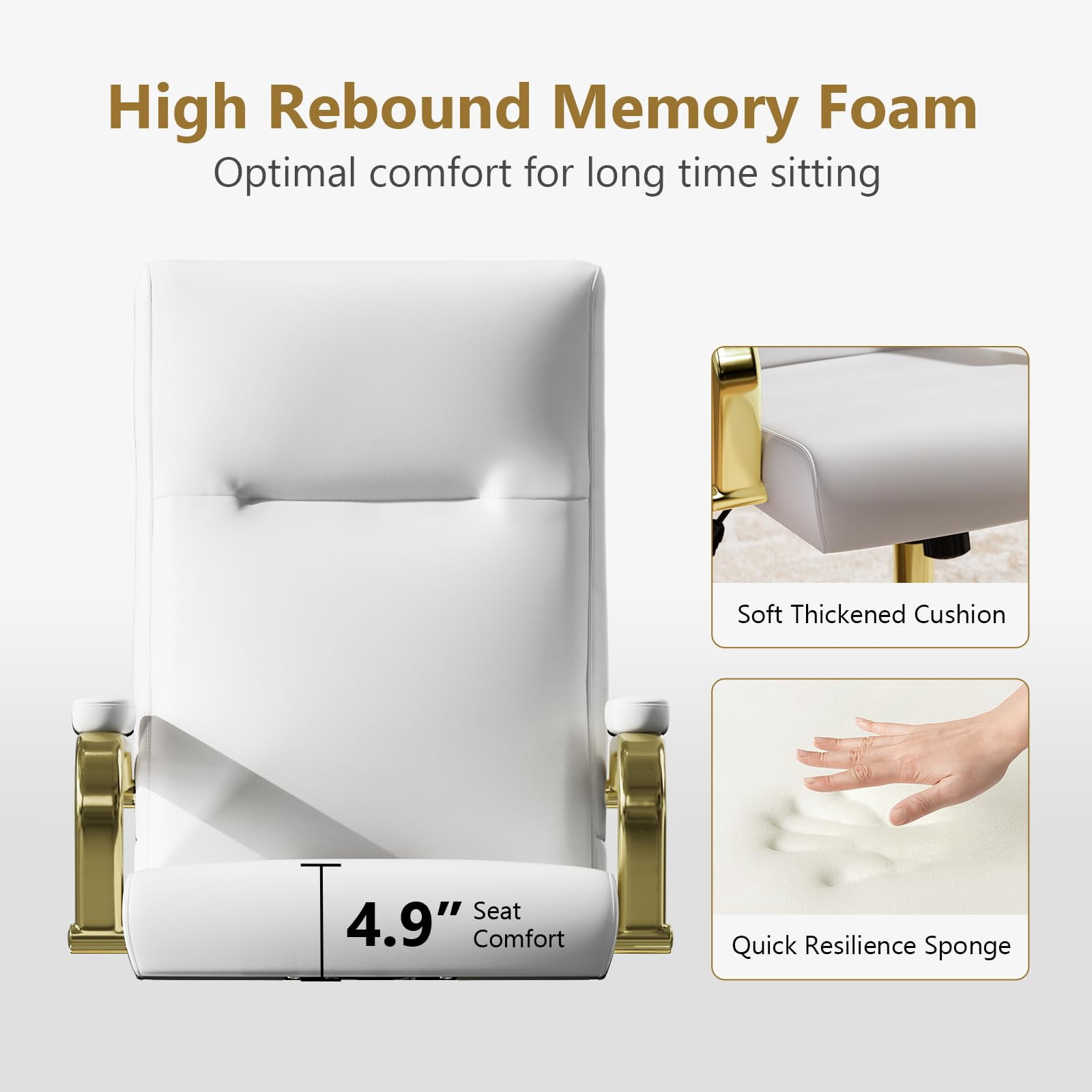 Ninecer White and Gold Office Chair Memory Foam, White Leather Computer Desk Chairs with Wheels and Arms, High Back Executive Office Chair for Girl and Women