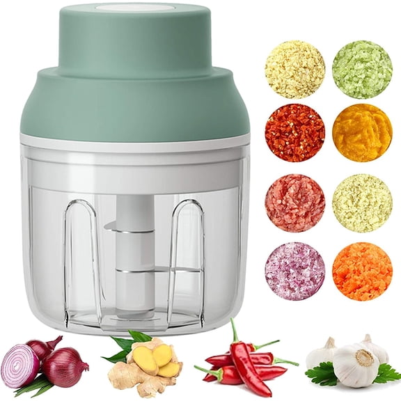 Electric Mini Food Chopper 250ml USB Rechargeable Portable Garlic Vegetable Slicer with Stainless Steel Blade Green