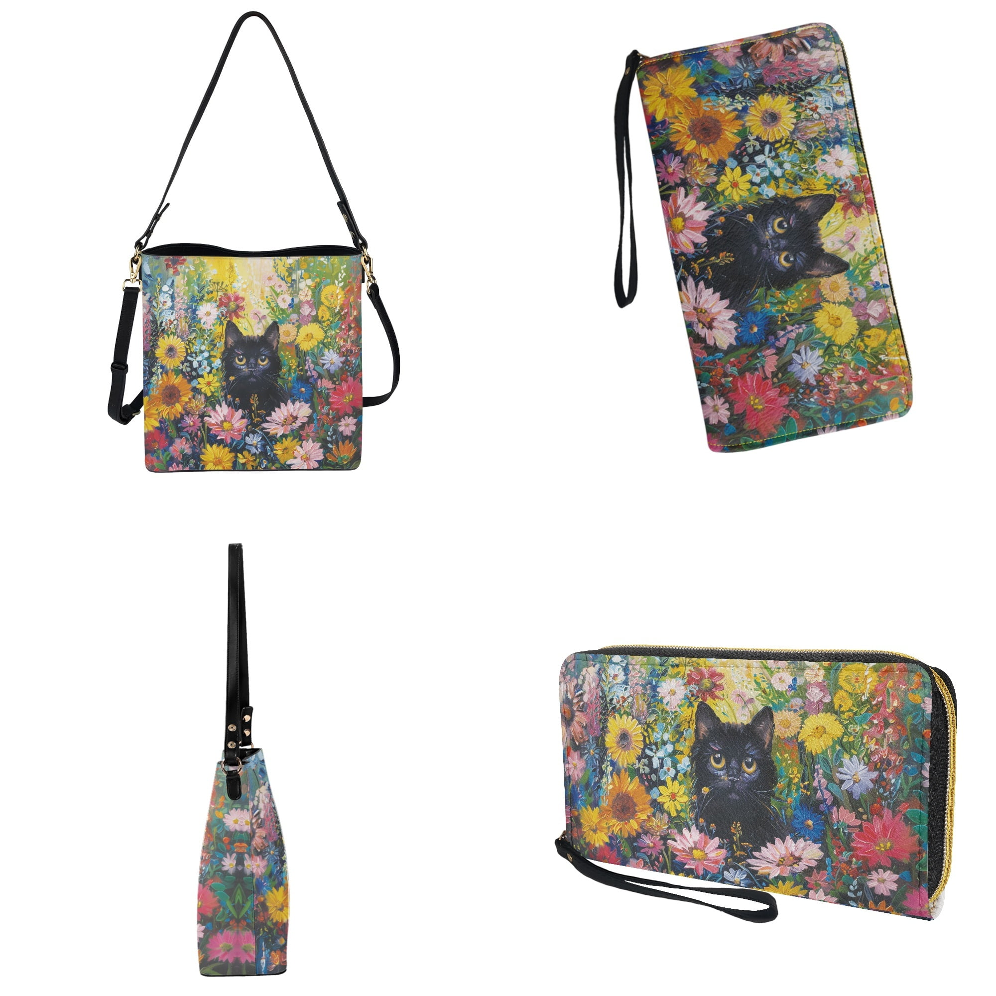 ZUXONGSY Black Cat Daisy Flower Print Trendy Leather Crossbody Handbag with Wrist Wallet for Women, Lightweight Bucket Bag Purse and Wallet Set for Daily Use Travel
