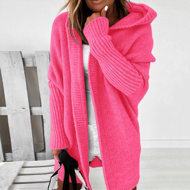 Cardigan Ouvert à Capuche Patchwork Manches Chauve-Souris Couleur Unie pour Femmes