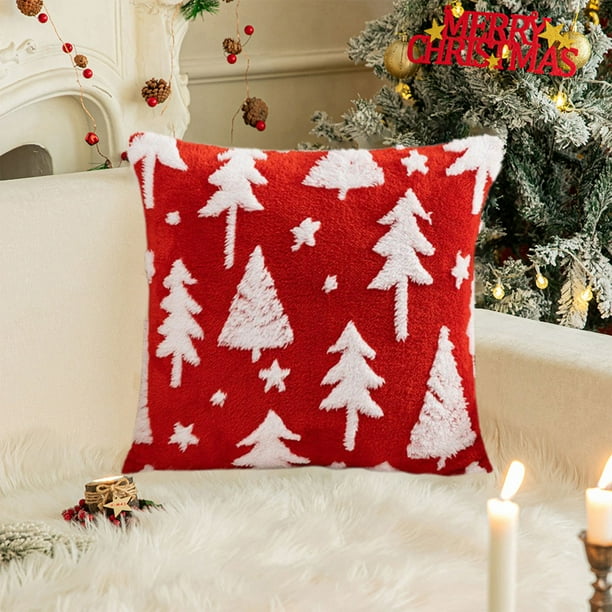 Funda de cojines navideños de terciopelo - Cojín de decoración navideña con diseño de copos de nieve y árbol, 45x45cm (17,71x17,71 pulgadas), Rojo y Verde, 1 pieza