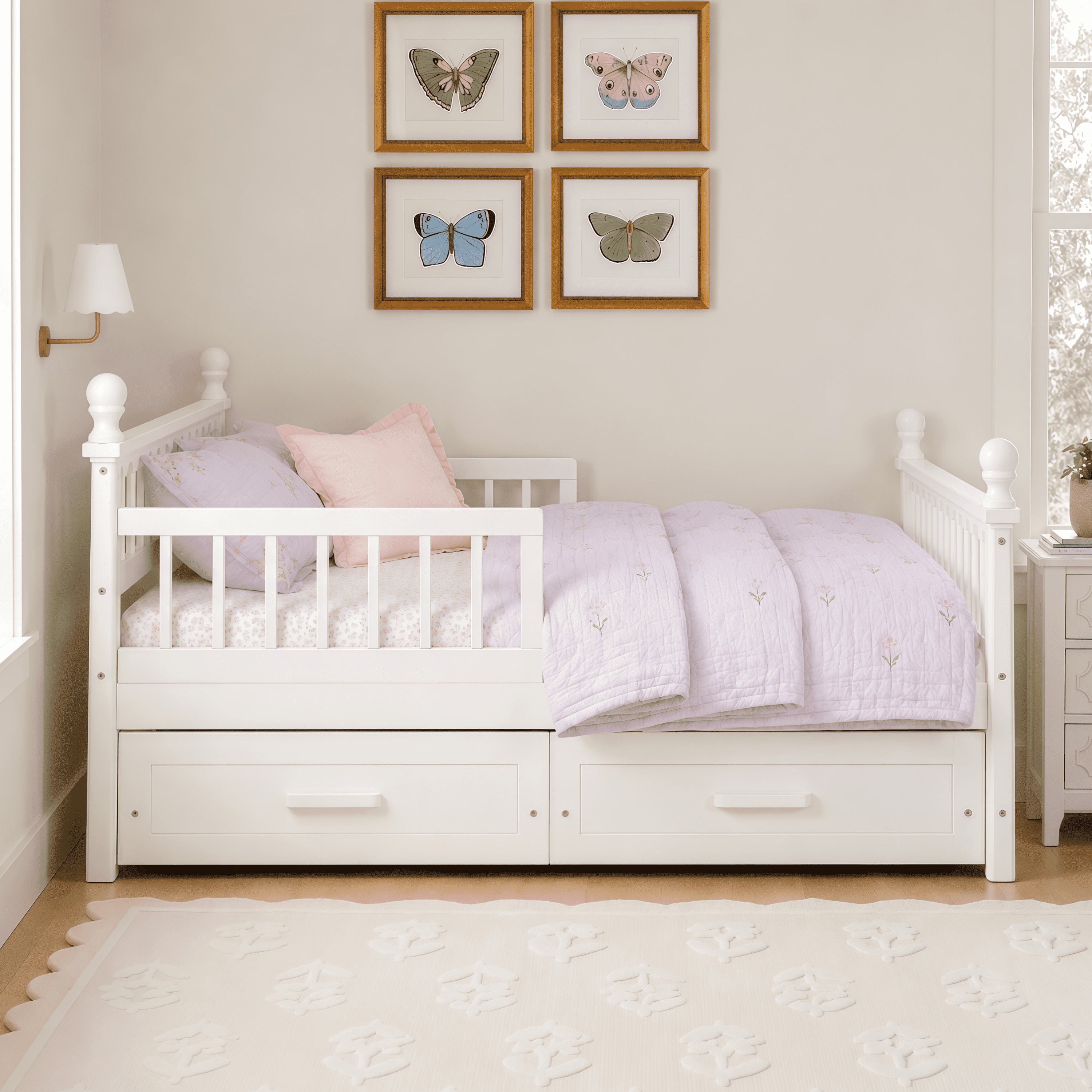 Euroco Wood Full Size Platform Bed with Drawers, Low Profile Kids Bed with Safety Guardrails, No Box Spring Needed, White