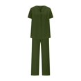 thumbnail image 2 of Short Sleeve Top & Shorts Set - Women's Cotton Linen Casual Suit, Green Womens Daily Casual Short Sleeve O Neck Blouse Tops Pockets Elastic Waist Long Pants Shirt Trousers Set, 2 of 5