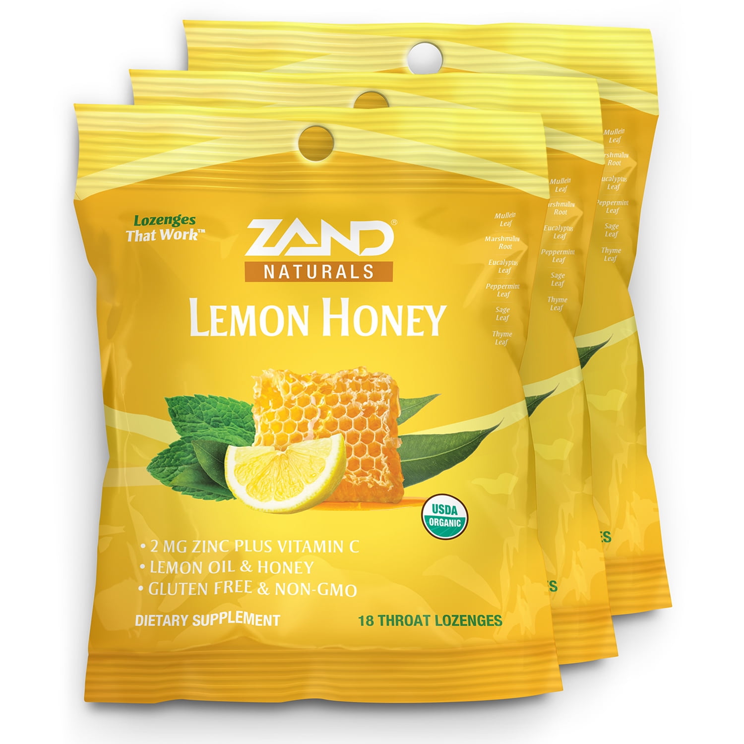 Zand Immunity Organic Lemon Honey HerbaLozenge | Immune Support Throat Drops w/ Vitamin C & Zinc (3 Bags, 18 Lozenges)