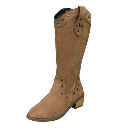 DVKOVI Comfy Dress Shoes for Women Cowgirl Boots Mid Calf Fashionable and Versatile Womenâs Trendy Denim Boots Boot for Ladies Fall Winter Heel Boots for Women Brown 41