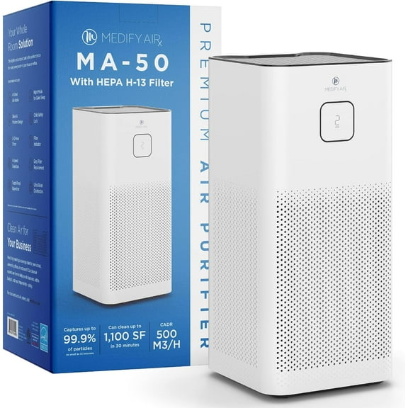 Medify MA-50 Air Purifier with H13 True HEPA Filter | 1100 sq ft Coverage | for Allergens, Wildfire Smoke, Dust, Odors, Pollen, Pet Dander | Quiet 99.9% Removal to 0.1 Microns | White, 1-Pack