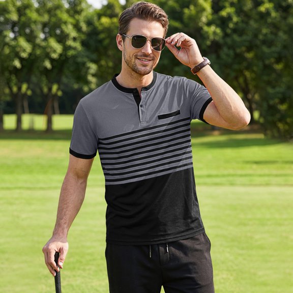 Mens Striped Polo Shirt Short Sleeve Breathable Casual Business Henley Collar Top for Summer Out Golf Travel Wear Dark Gray 2XL