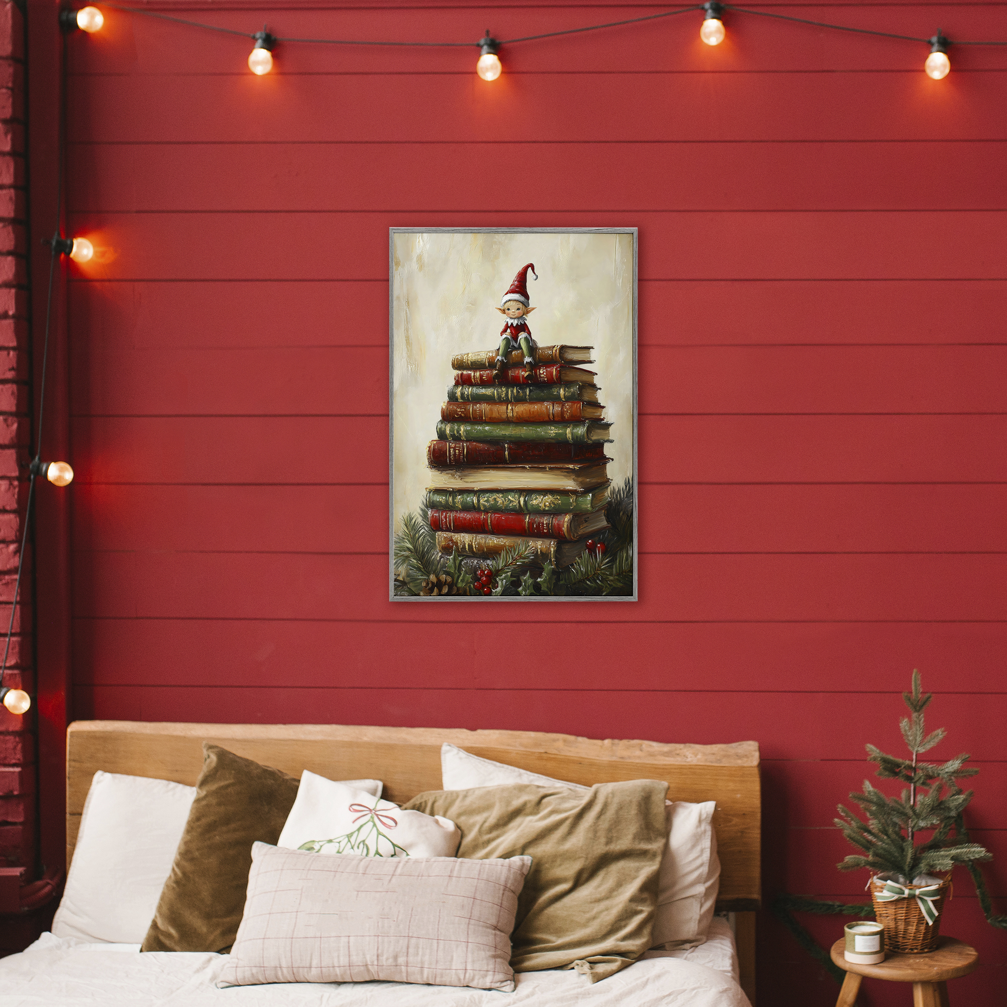 Christmas Elf Bookstack Gray Framed Giclee Art, design by Petal Prints Design