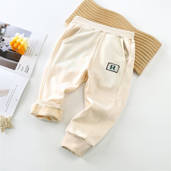 Pants for Boys -Lined Graphic Print Pocketed Cozy Elastic Waist Sweatpants for Casual Wear Beige 2 Years-3 Years