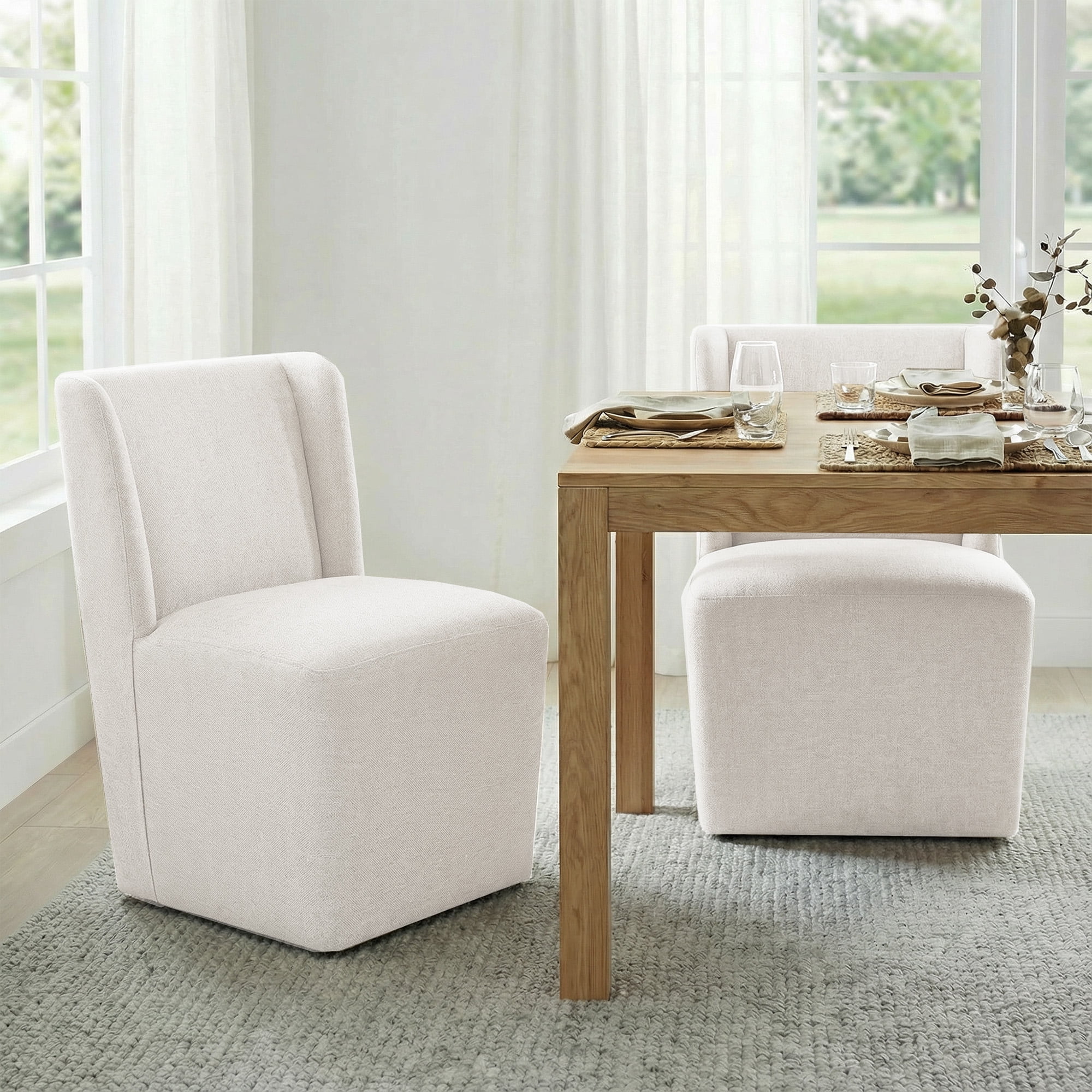 Spruce & Spring Modern Upholstered Dining Chair with Wingback and Hidden Casters, Single, Fabric in Wheat(Multi-colored)