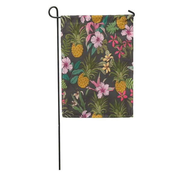 POGLIP Blue Hawaiian Sketch of Tropical Flower Pineapple Pattern Watercolor Vintage Garden Flag Decorative Flag House Banner 28x40 inch