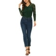 thumbnail image 2 of Unique Bargains Women's V Neck Long Sleeve Semi Sheer Lace Embroidery  Blouse Dark Green Medium, 2 of 5