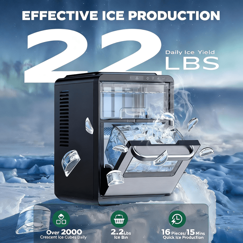 Countertop Crescent Ice Maker with Clear Slow-Melting Ice, Adjustable Ice Thickness, Timer Function, Self-Cleaning Ice Machine, Makes 16 Cubes in 15 Minutes, Up to 22 lbs Per Day