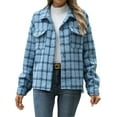 thumbnail image 3 of CFLVAEK Plaid Jackets for Women Fashion Lapel Button Down Shacket Casual Fall Winter Long Sleeve Shirt Coat with Pocket Blue XL, 3 of 9