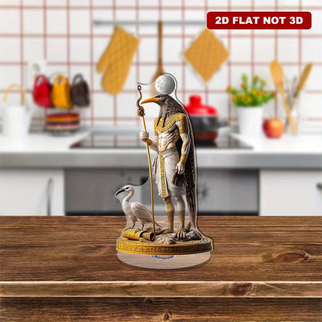 Rotating acrylic display featuring ultra-realistic Thoth statue with detailed palm trees ibis sculpture and luminous moon disk crown on a papyrus scroll base