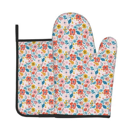 

Easygdp Floral Ditsy Oven Mitts and Pot Holders 2 pcs Set High Heat Resistant Kitchen Oven Glove for Baking and Cooking