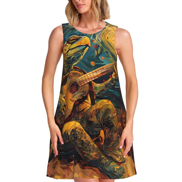 Fotbe Starry Night Guitar Turtle Vestido de Verano sin Mangas para Mujer – Vestido Midi Línea A, Estilo Camiseta Floral, Vestido Playero Casual y Fluido
