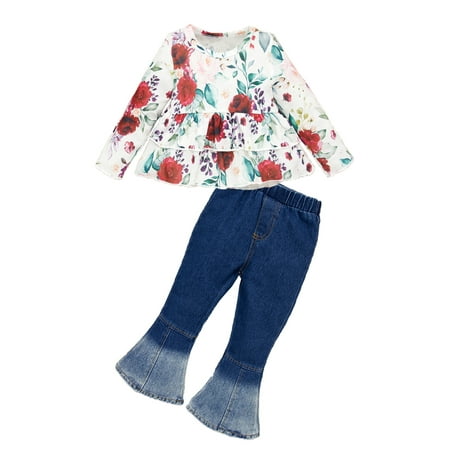

LAPAKIDS Baby Toddler Girls Clothes Long Sleeve Floral Shirt + Denim Pants Outfits 3-4 T