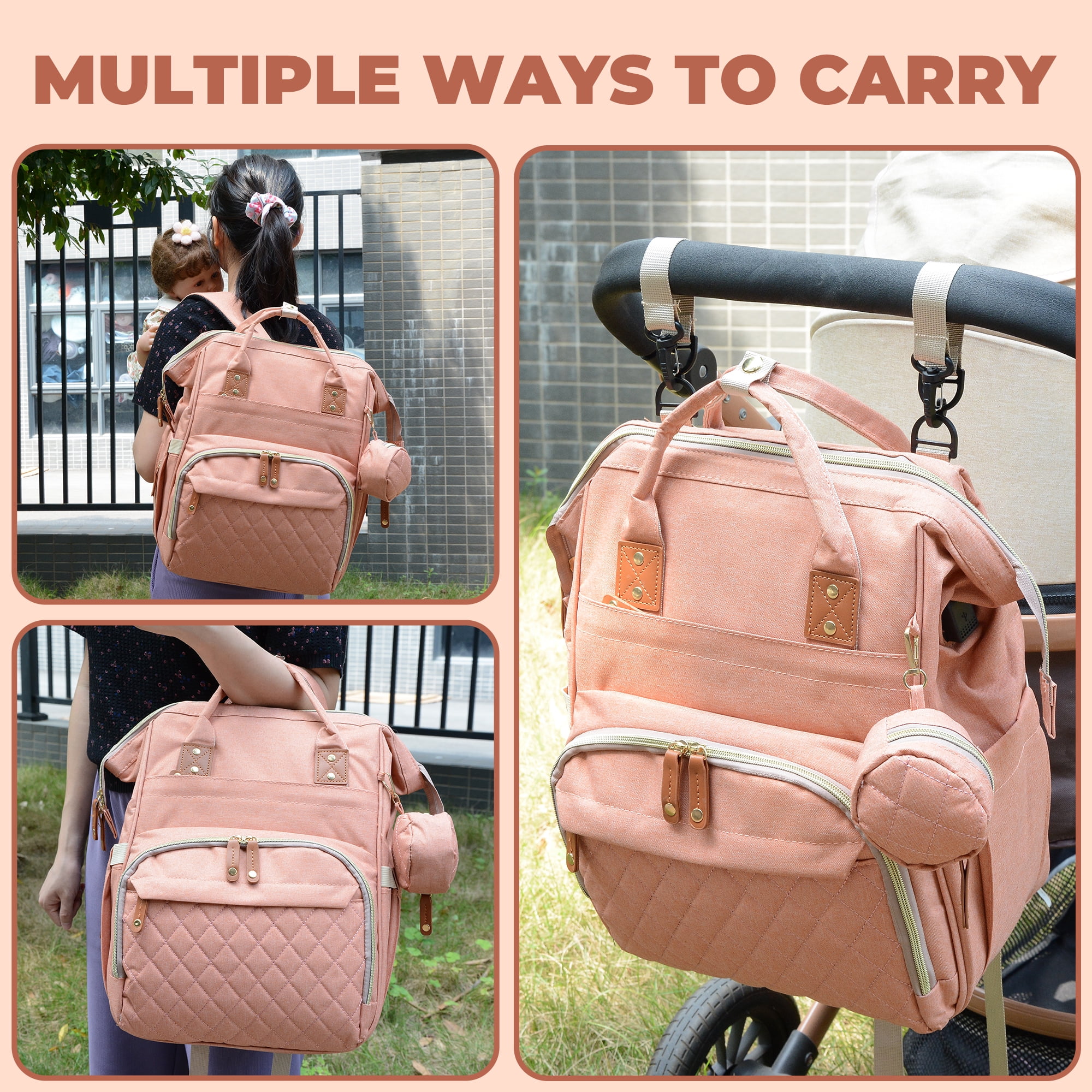 DERSTUEWE Diaper Bag Backpack for Moms – Large Capacity Waterproof Baby Bag with USB Port, Insulated Bottle Pockets & Stroller Straps， Pink