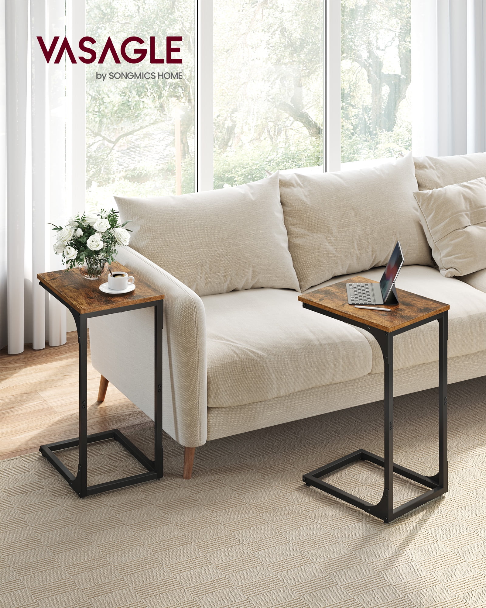 VASAGLE C-Shaped End Table Sofa Side Table Small Side Table for Couch for Living Room Bedroom Rustic Brown and Black