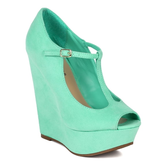 Breckelle BB11 Women Suede Peep Toe T-Strap Platform Sandal Wedge