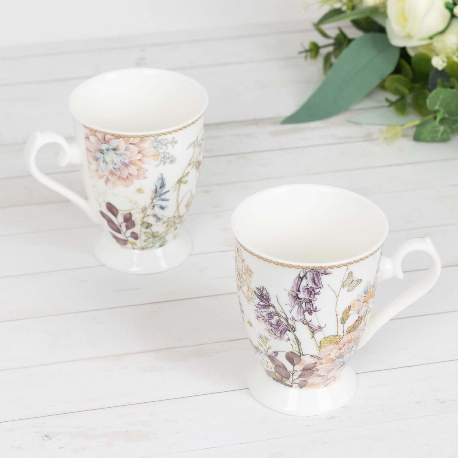 Efavormart 2 Pack Blush Floral Design Porcelain Coffee Mugs With Gift Box and Satin Ribbon Handle, Bridal Shower Gift Set