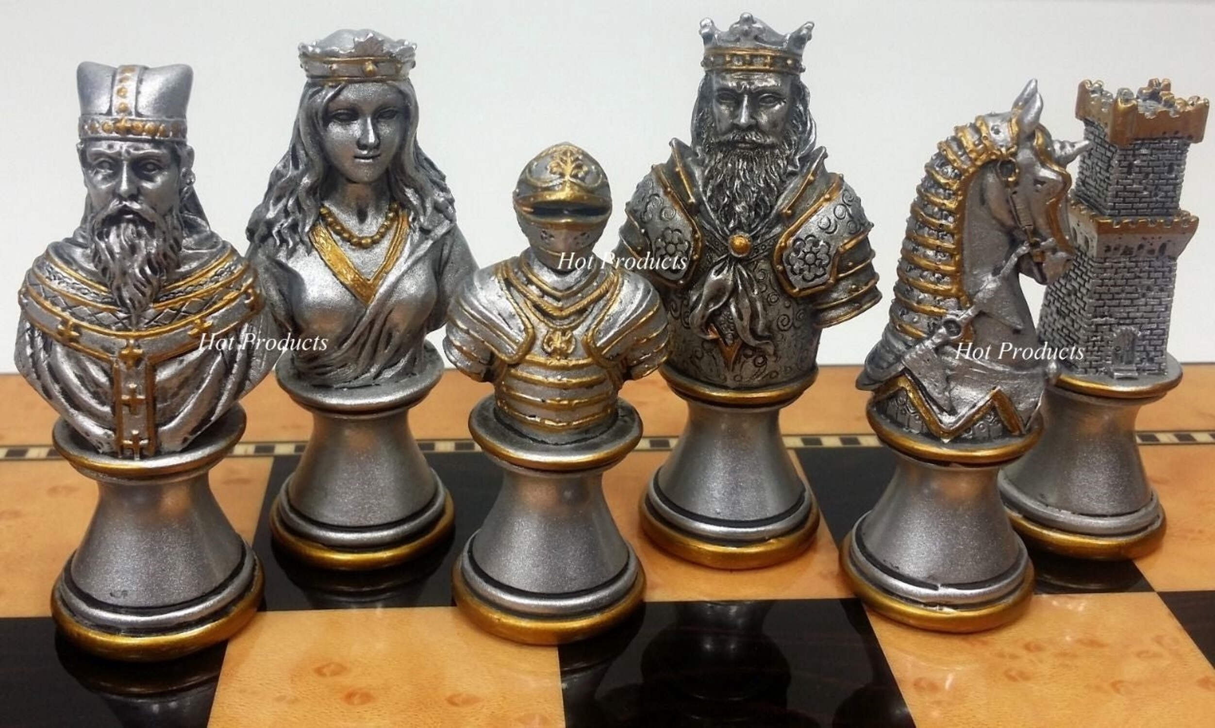 Medieval Times Crusades Busts GOLD SILVER Chess Set Walnut  Maple Color BD 15"