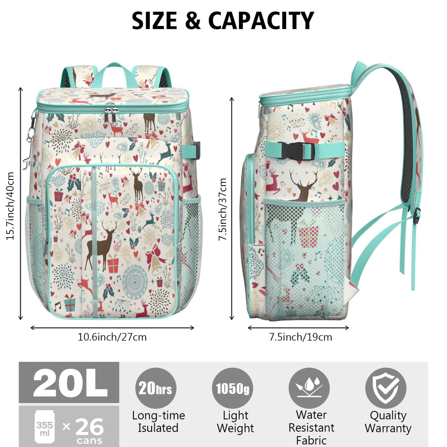 Travel Cooler Bag - Multicolor Christmas Deer Pattern Camping Beer Cooler Backpack with Bottle Opener- Waterproof Insulated Picnic Backpacks - Cooler Bag for Beach