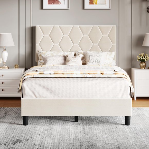 Upholstered Platform Bed Frame with Padded Headboard, Heavy Duty Wooden Slats, Noise-Free, Easy Assembly – KING / QUEEN / FULL / TWIN / CALIFORNIA KING – Pink / Ivory White / Gray